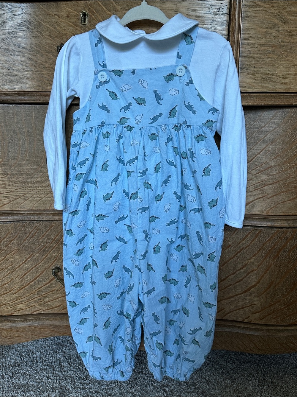 James & Lottie Light Blue Dinosaur Coverall with White Peter Pan Top